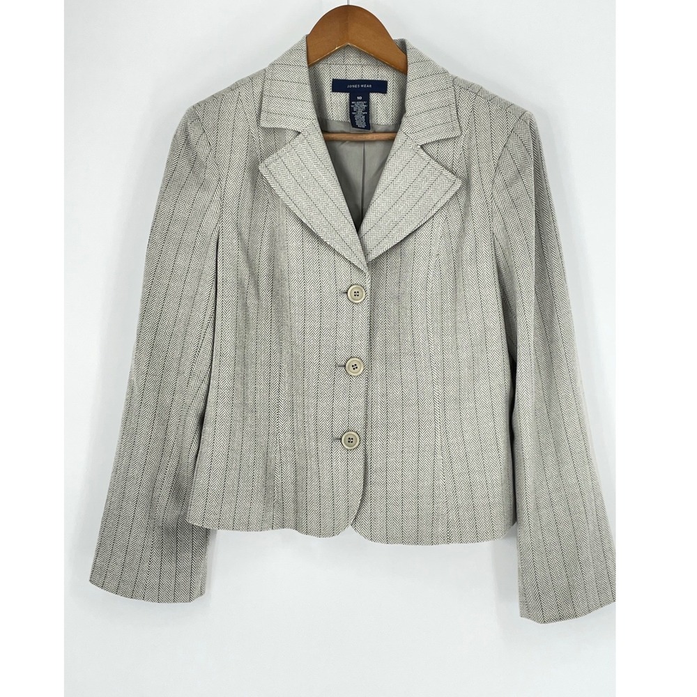 Jones Wear Gray‎ Herringbone Pinstripe Blazer Jacket Wool Blend Size 10